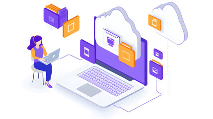 Woman working on laptop, cloud computing and data storage illustrated with isometric design.  Files and folders are shown transferring to cloud storage. Simple and modern.