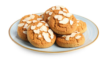 Tasty cookies with almond flakes isolated on white