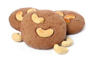 Tasty chocolate cookies with cashew isolated on white