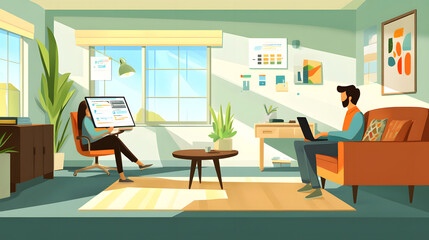 Two colleagues work remotely in a sunlit room. A woman uses a large monitor, while a man works on a laptop from a comfortable sofa. Plants and artwork add to the cozy atmosphere.