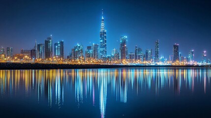 Obraz premium Night cityscape skyline reflecting on calm water.