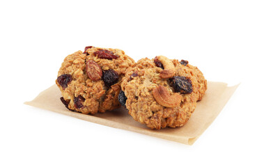 Delicious oatmeal cookies with dried cranberries and nuts isolated on white