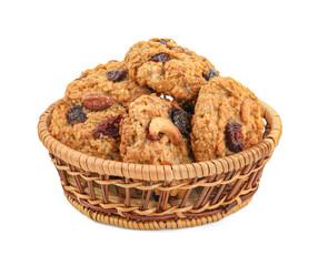 Delicious oatmeal cookies with dried cranberries and nuts in wicker basket isolated on white
