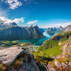 Generated image Panoramic view of Rampestreken viewpoint to a mountain scenery near Andalsnes city, Norway