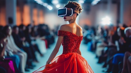 Fashion model in VR headset at runway show.