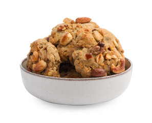 Tasty cookies with nuts in bowl isolated on white