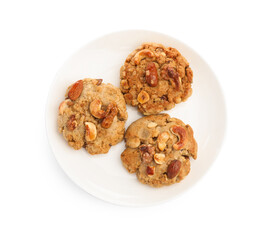 Tasty cookies with nuts isolated on white, top view