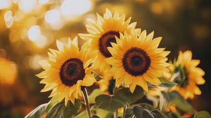 Fototapeta premium Sunny yellow sunflowers against a warm autumn foliage, close-up shot, Minimalist style