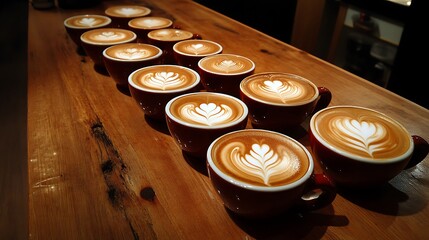 Professional latte coffee art featuring symmetrical heart and leaf patterns on creamy milk foam