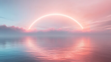 Pastel sunset over calm ocean with glowing arc.