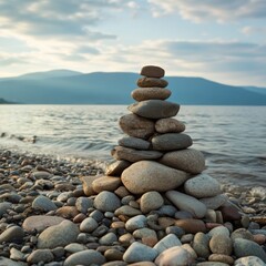 Fototapeta premium pyramid of stones on the shore of Lake Baikal 