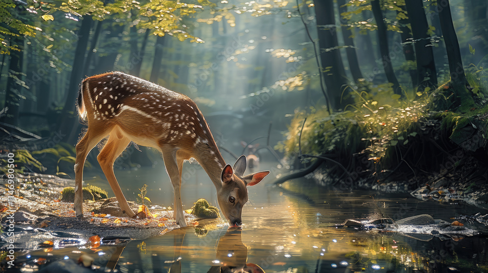 Aufkleber a deer drinking calmly from a still forest stream, with light filtering softly through the trees, sy