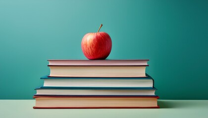 Generated image tacked pile of books with an apple on top, symbolizing knowledge and academic success