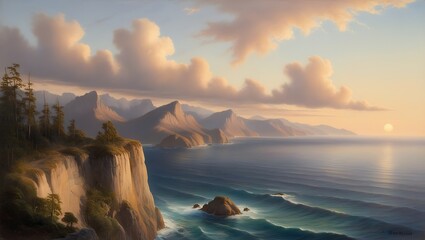 Capture the serene beauty of nature with this breathtaking sunset view from a towering cliff. The vast ocean stretches endlessly to the horizon, meeting the rugged mountains in a harmonious.