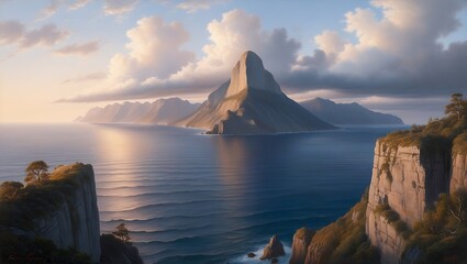 Capture the serene beauty of nature with this breathtaking sunset view from a towering cliff. The vast ocean stretches endlessly to the horizon, meeting the rugged mountains in a harmonious.