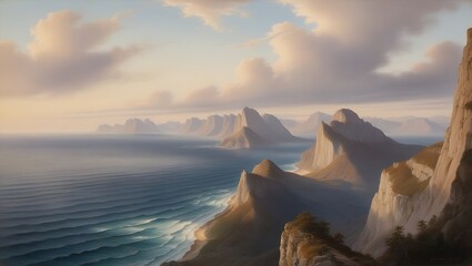 Capture the serene beauty of nature with this breathtaking sunset view from a towering cliff. The vast ocean stretches endlessly to the horizon, meeting the rugged mountains in a harmonious.