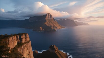 Capture the serene beauty of nature with this breathtaking sunset view from a towering cliff. The vast ocean stretches endlessly to the horizon, meeting the rugged mountains in a harmonious.