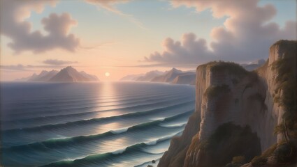 Capture the serene beauty of nature with this breathtaking sunset view from a towering cliff. The vast ocean stretches endlessly to the horizon, meeting the rugged mountains in a harmonious.