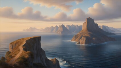 Capture the serene beauty of nature with this breathtaking sunset view from a towering cliff. The vast ocean stretches endlessly to the horizon, meeting the rugged mountains in a harmonious.