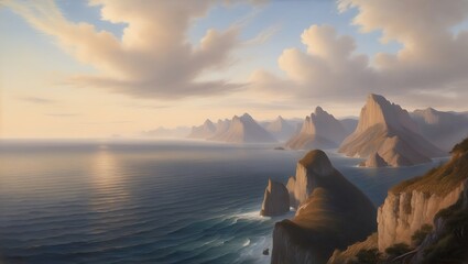 Capture the serene beauty of nature with this breathtaking sunset view from a towering cliff. The vast ocean stretches endlessly to the horizon, meeting the rugged mountains in a harmonious.