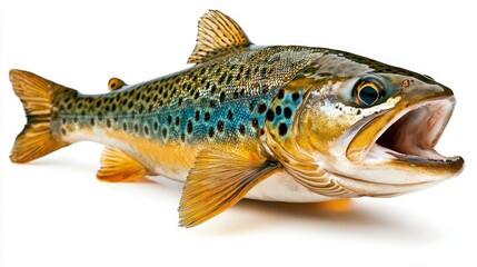 Close-up of a brown trout with open mouth, isolated on white.