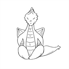 Monochrome dragon sitting in lotus pose illustration painted by black inks. . Fairytale animal practicing fitness exercises and meditation graphic sketch. For yoga center, spa, label, poster