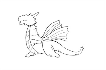 Dragon with wings standing in triangle pose and doing yoga line art black ink sketch. Animal practicing fitness exercises and meditation monochrome illustration . For coloring book, label, tattoo