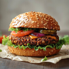 A black bean and oat burger, in a whole wheat bun, against a minimalist background.