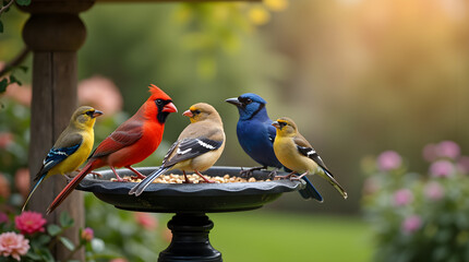 A colorful pair of birds, one red and one blue, rest together on a branch.