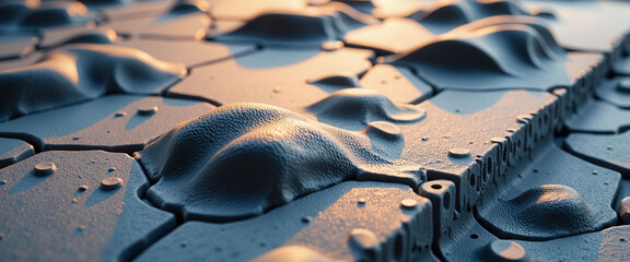 A piece of fabric with a mountain range in the background. The mountain range is covered in snow and the fabric is wet