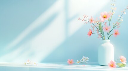 Pastel pink flowers in white vase, sunlight on light blue background.