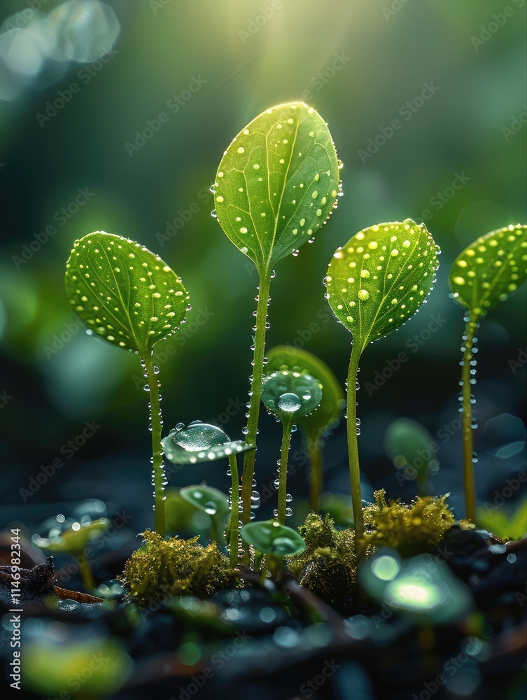 Poster spring sprouts with dew drops on the leaves.
