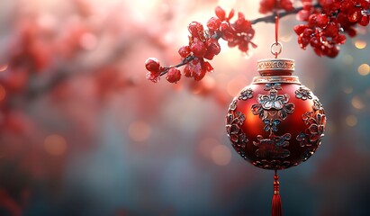 Fototapeta premium Festive Red Ball Hanging from a Branch for Holiday Decorations 