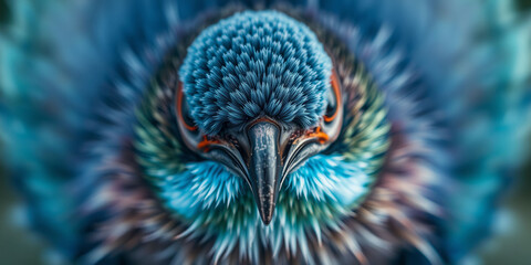 Obraz premium A close up of a bird's head with a blue and green color scheme. The bird's head is fuzzy and has a unique appearance