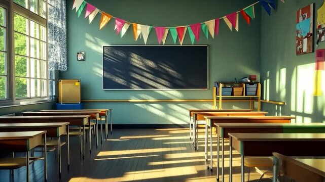 This classroom showcases large windows letting in warm sunlight. The colorful decor inspires creativity. It is designed for an engaging educational experience. Generative AI