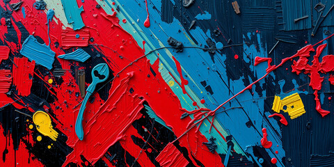 A painting with red, blue and yellow splatters on it. The splatters are in different sizes and shapes, and they are arranged in a way that creates a sense of movement and energy