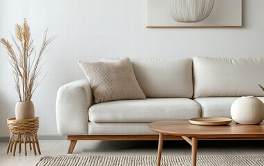 A sleek mid-century modern sofa with clean lines, neutral fabric, and tapered wooden legs