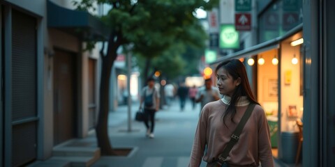 A woman is walking down a street with a black bag on her shoulder. The street is empty and the woman is the only person visible