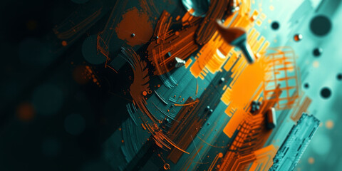 A colorful abstract painting with a cityscape in the background. The painting is full of bright colors and has a sense of movement and energy