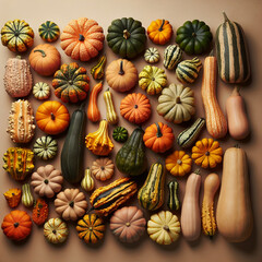 Top view of several varieties of pumpkins, of different sizes and shapes