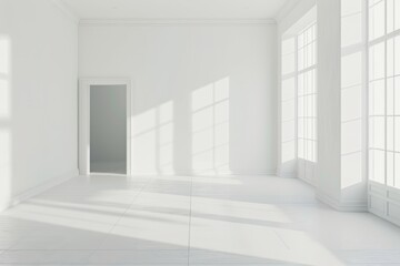Fototapeta premium Minimalist empty room with large windows, white walls, and natural light creating a bright and airy atmosphere.