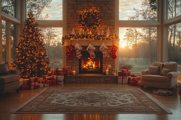 Cozy Christmas Scene with Tree and Fire Place