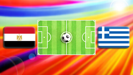 Egypt and Greece flag on soccer field with ball.Football match concept against multicolored abstract background.Copy space for text.