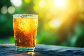 Refreshing iced tea in a glass, outdoors on a sunny day.