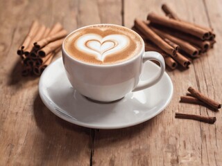 Cup of cappuccino with heart-shaped foam, placed on a wooden coaster next to cinnamon sticks.
