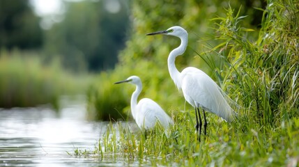 Fototapeta premium Two white egrets by a river in lush greenery.