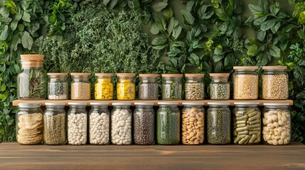 Fototapeta premium A Collection of Various Herbs and Spices Stored in Glass Jars.