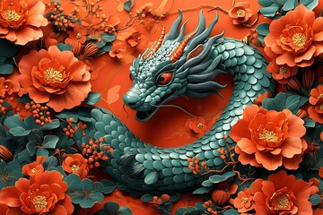 Obraz premium Blue Dragon Surrounded by Orange Flowers.