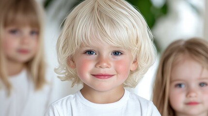 Portrait of a smiling blonde toddler boy with two girls in the background.
