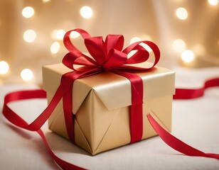 Beautifully Wrapped Valentine’s Day Gift with Red Satin Ribbon and Gold Detailing - Romantic Festive Setting